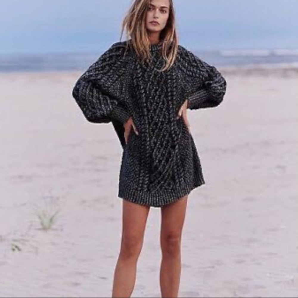FREE PEOPLE On a Boat Faded Black Cable Knit Sweater Dress